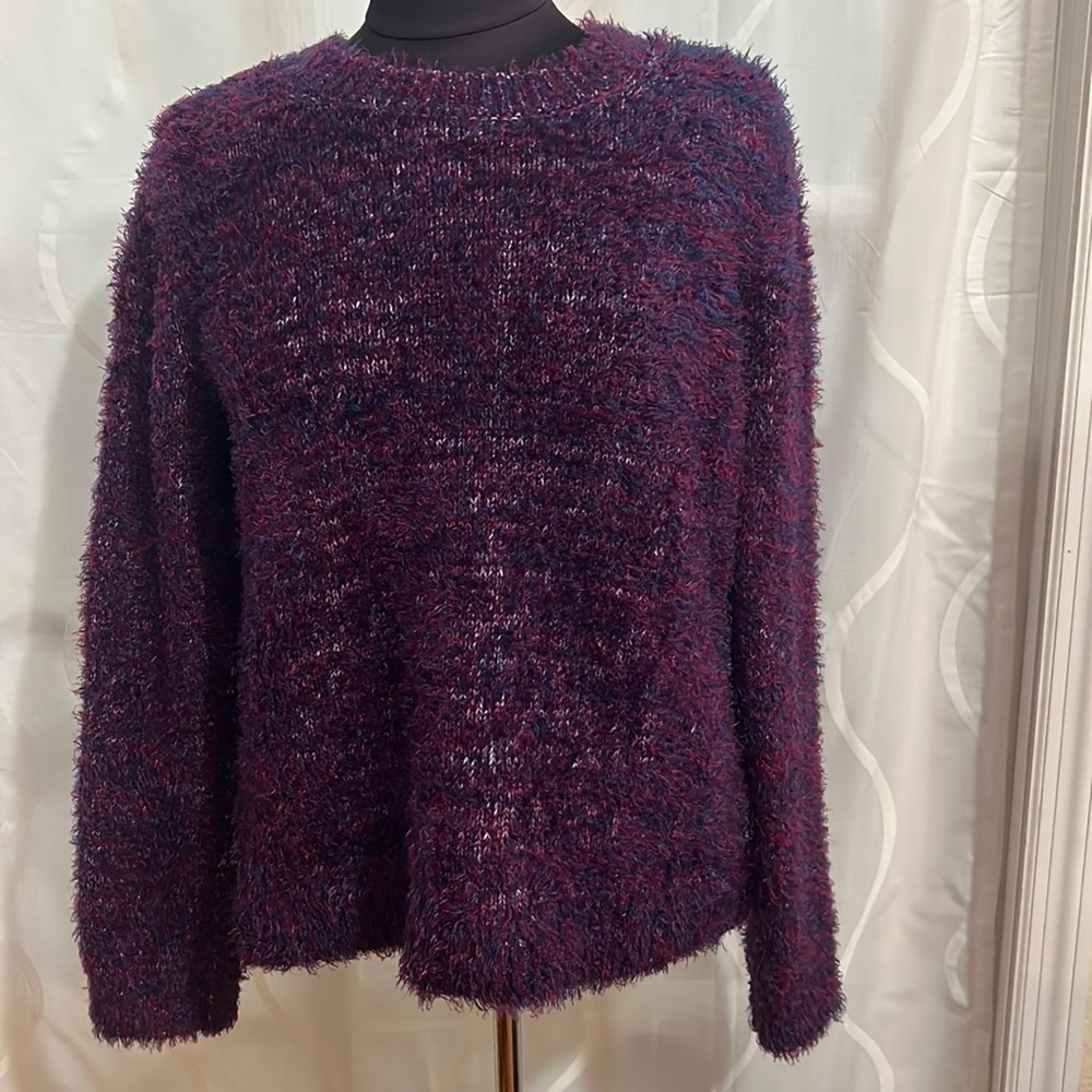 Lou & Grey For Loft, Purple & Navy, Shaggy Crew Neck Sweater, Size Large